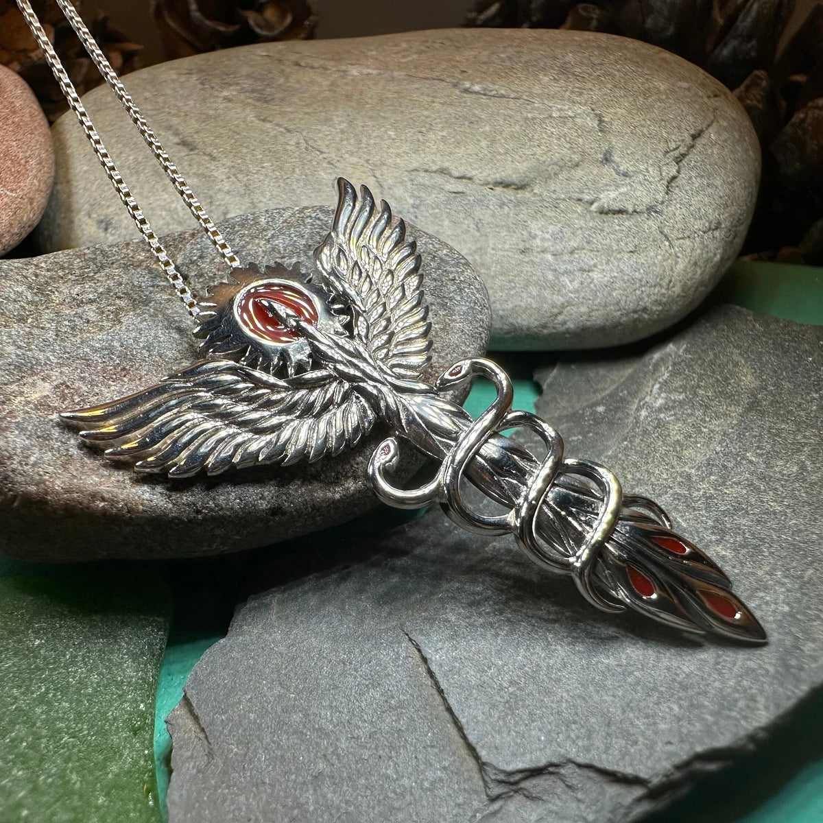 Caduceus Red Phoenix Necklace in Sterling Silver