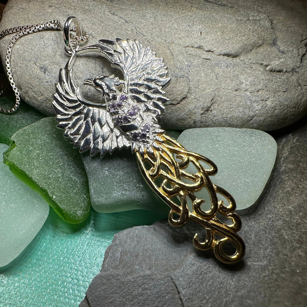 Golden Fire Phoenix Necklace in Sterling Silver | Pendant | Wiccan Center