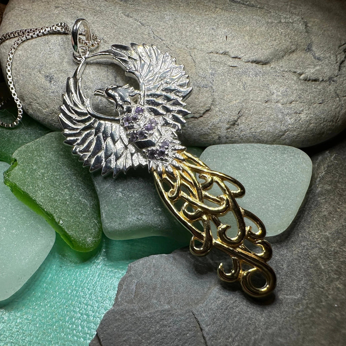Golden Fire Phoenix Necklace in Sterling Silver | Pendant | Wiccan Center