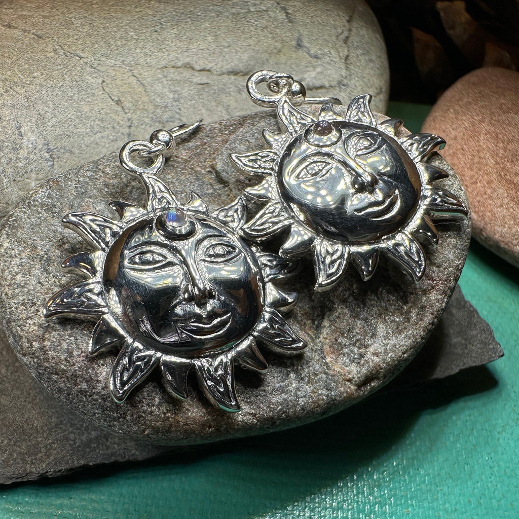 Celtic Skies Sun Moonstone Earrings in Sterling Silver | Dangle Earrings | Wiccan Center