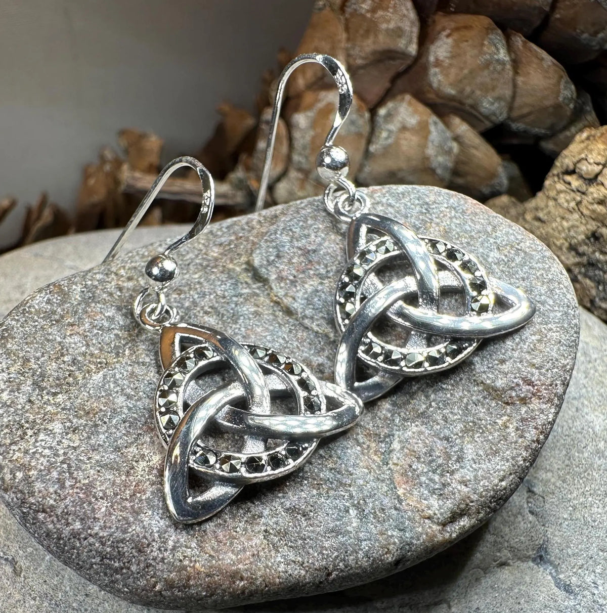 Triquetra Marcasite Earrings in Sterling Silver | Dangle Earrings | Wiccan Center