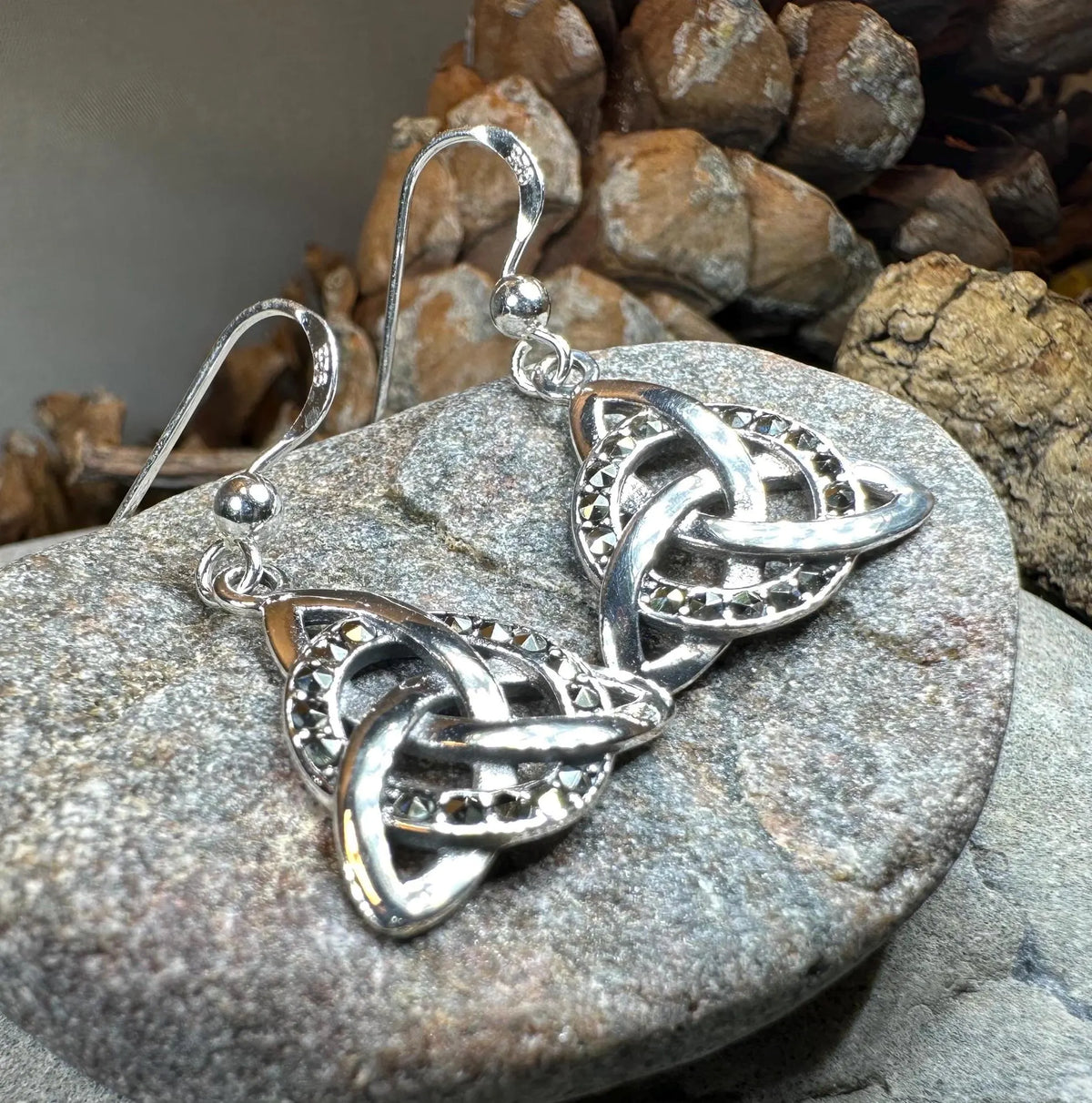 Triquetra Marcasite Earrings in Sterling Silver | Dangle Earrings | Wiccan Center