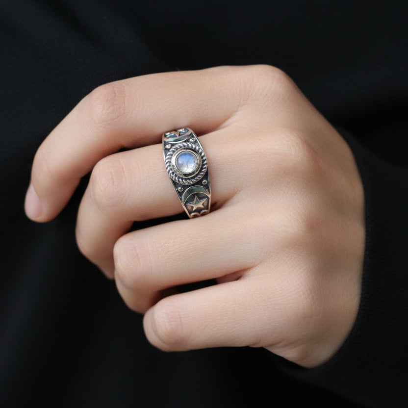 Locasta Crescent Moon & Stars Ring in Sterling Silver | ring | Wiccan Center