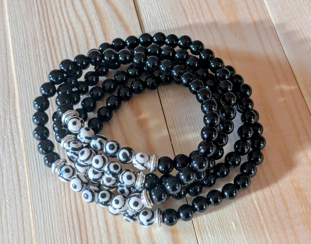 Tibetan Triple Eye Dzi & Black Onyx Stretch Bracelets | | Wiccan Center