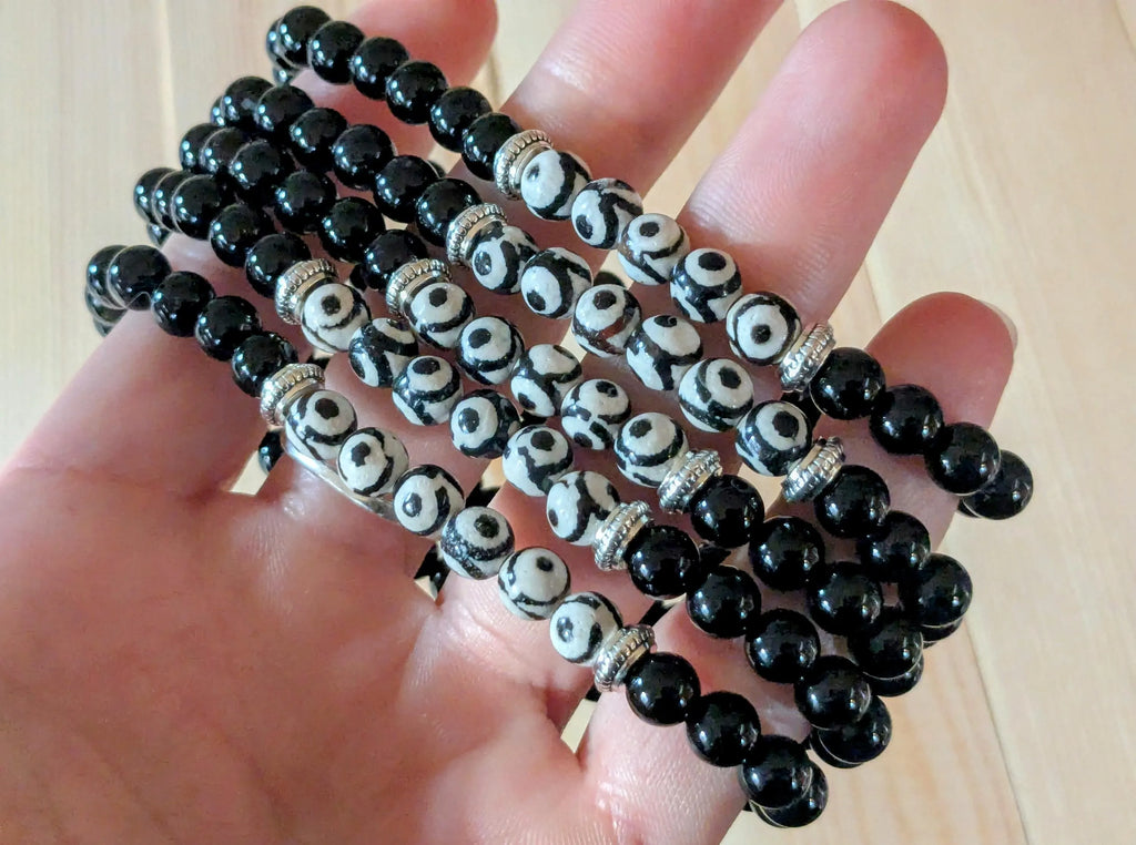 Tibetan Triple Eye Dzi & Black Onyx Stretch Bracelets | | Wiccan Center