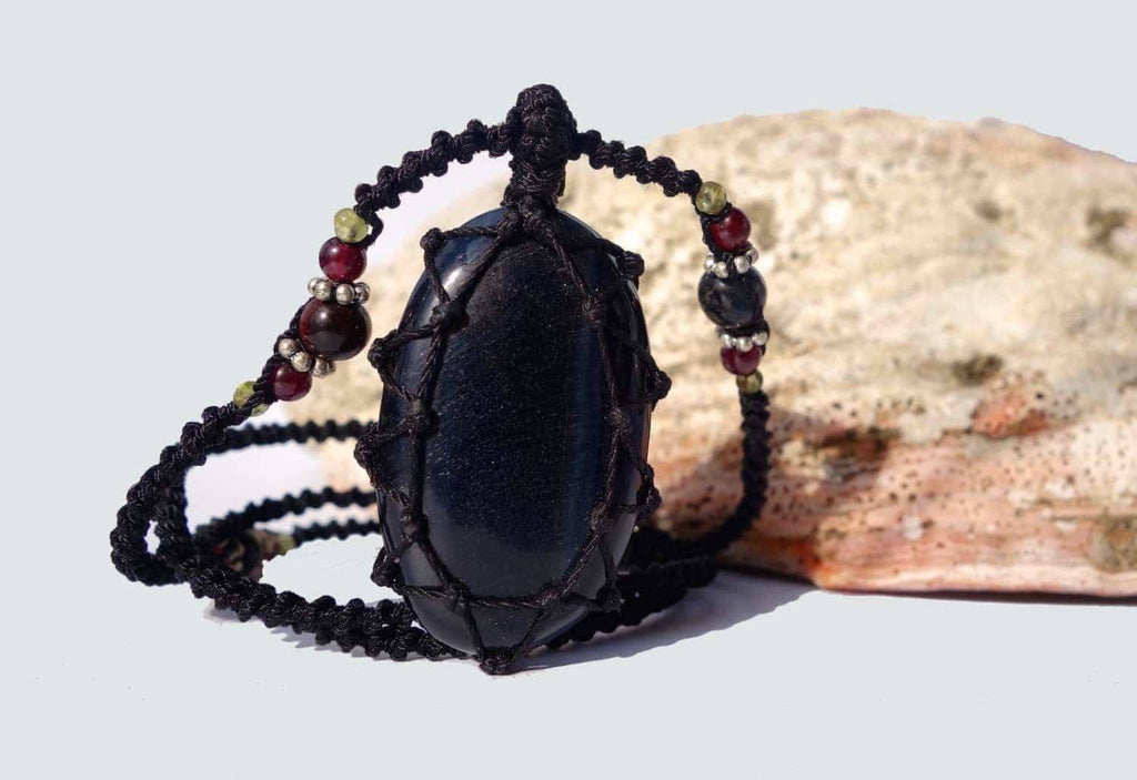 Blue Tiger Eye Macrame Necklace | Protection Stone | Unisex Healing Crystal | | Wiccan Center