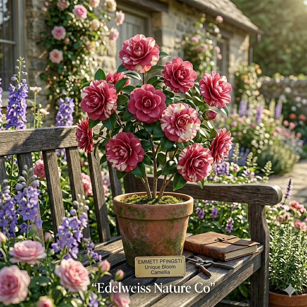 Emmett Pfingsti Camellia Japonica Starter Plant – Evergreen Flowering Shrub with Unique Blooms, Ornamental Foliage, Rare Camellia | Houseplant | Wiccan Center