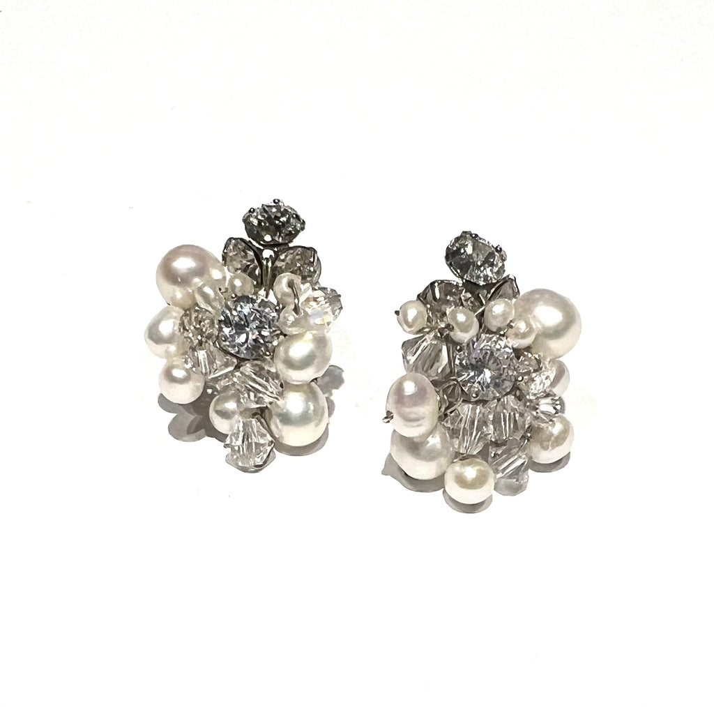 Shannon Pearl and Diamond Cluster Stud Earrings