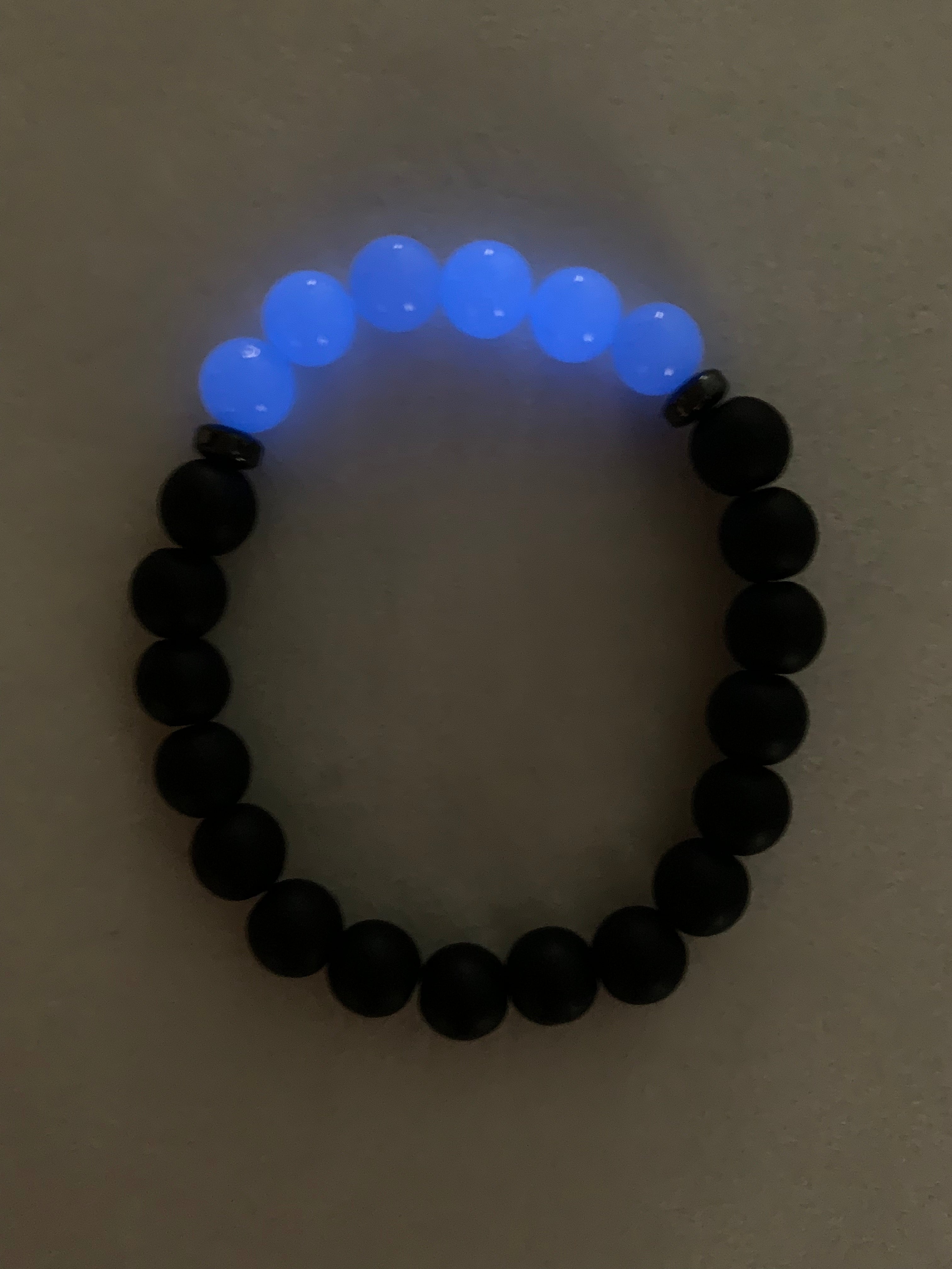 Aragonite Blue with Onyx Bracelet 8 mm Round Beads - Naturally Glows in the Dark | Bracelets | Wiccan Center