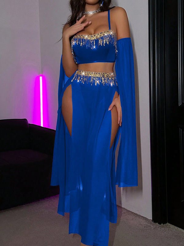 Sexy tassel pole dance fun suit belly dance sequin lace hot set | | Wiccan Center