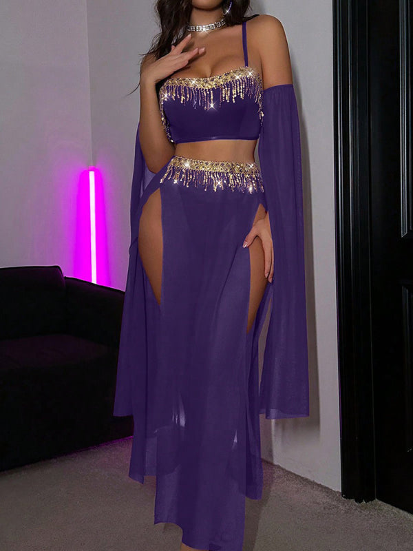 Sexy tassel pole dance fun suit belly dance sequin lace hot set | | Wiccan Center