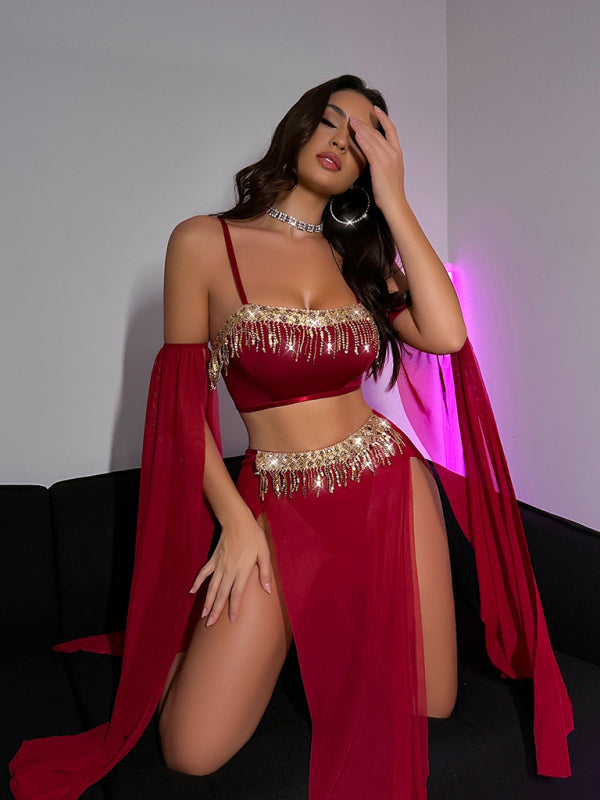 Sexy tassel pole dance fun suit belly dance sequin lace hot set | | Wiccan Center