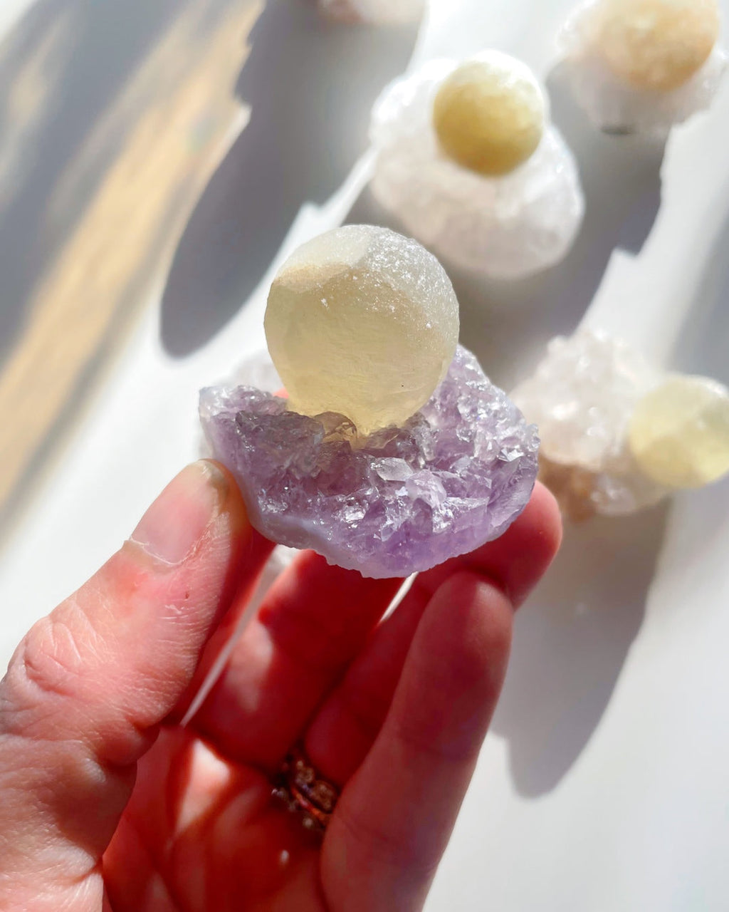 Rare Botryoidal Fluorite on Amethyst “Fried Egg”