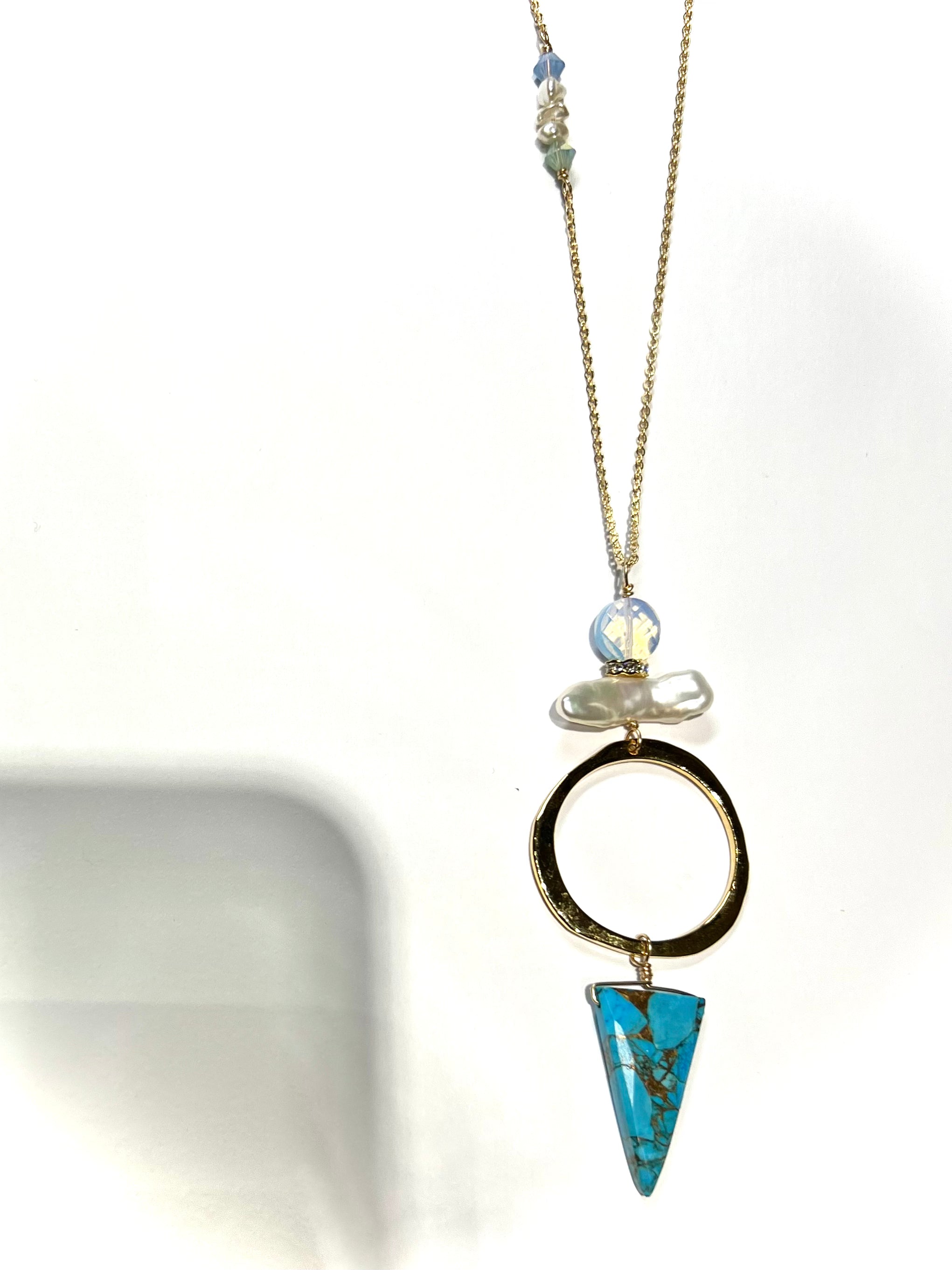 Long hoop Necklace with turquoise, opalite, pearl and Swarovski side detail