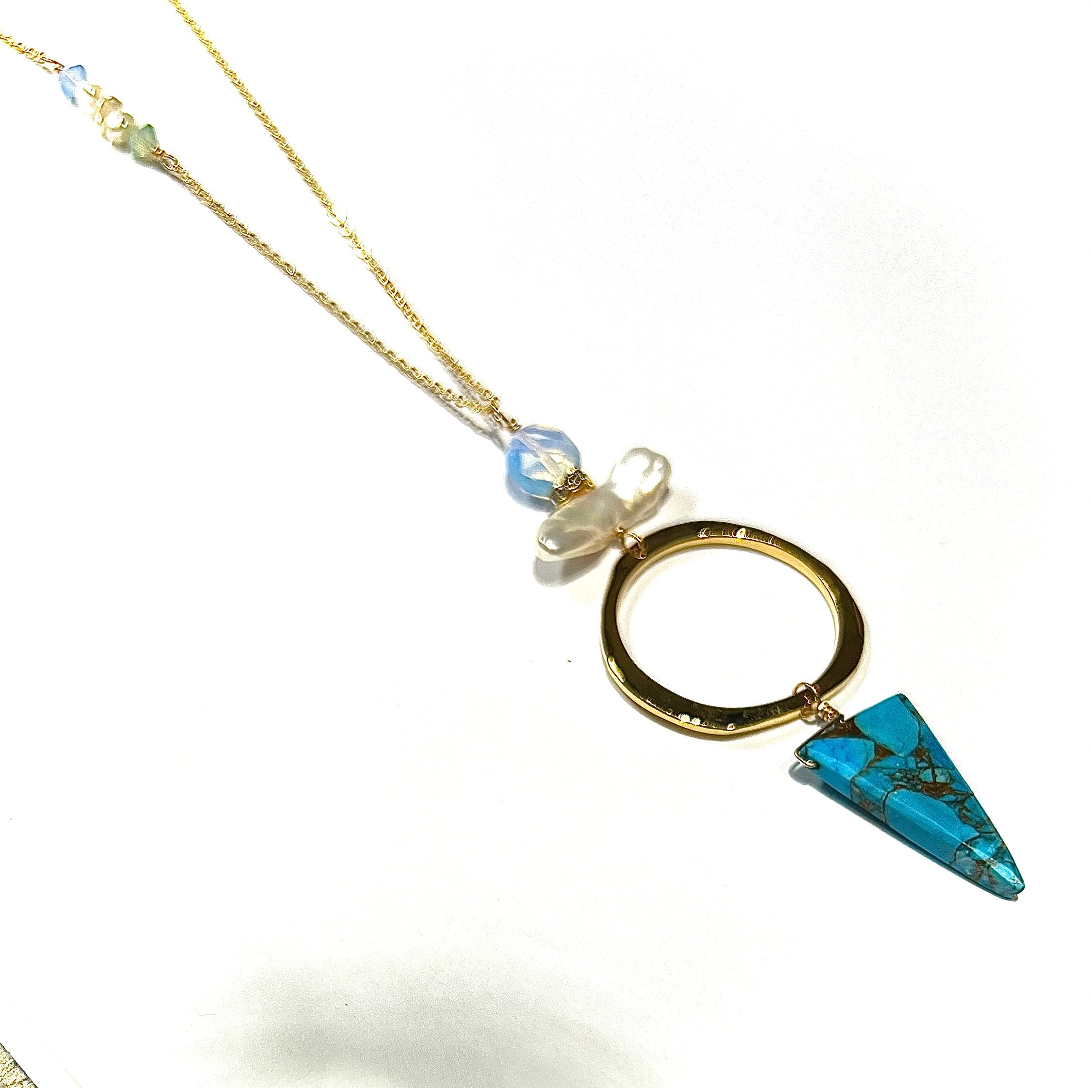 Long hoop Necklace with turquoise, opalite, pearl and Swarovski side detail