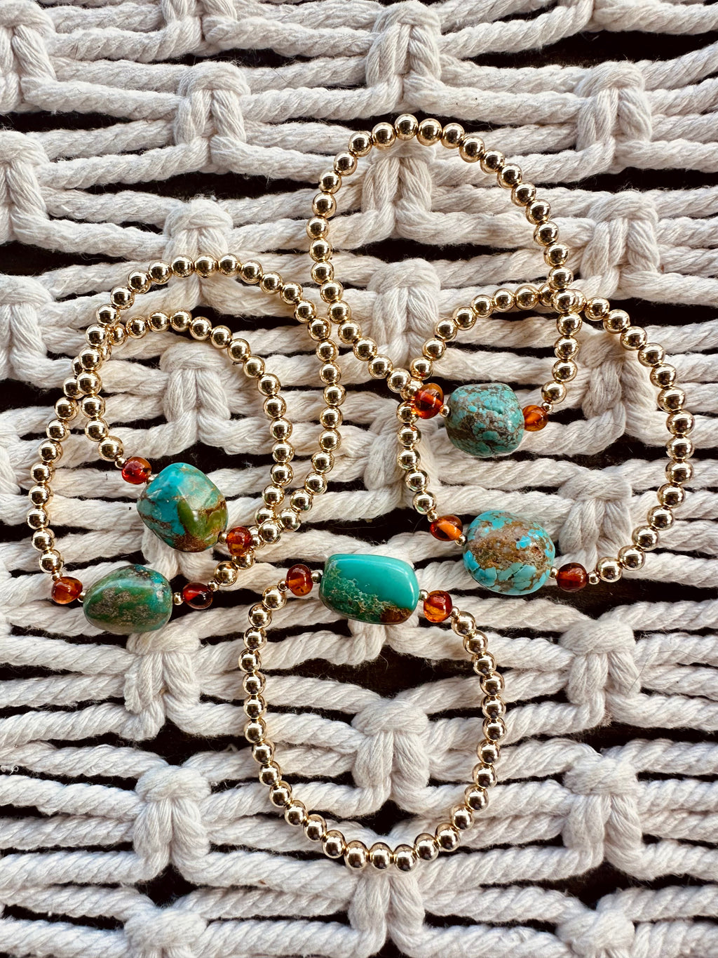 Natural Turquoise + Baltic Amber || 14K Gold Filled || Adult Stretch Bracelet