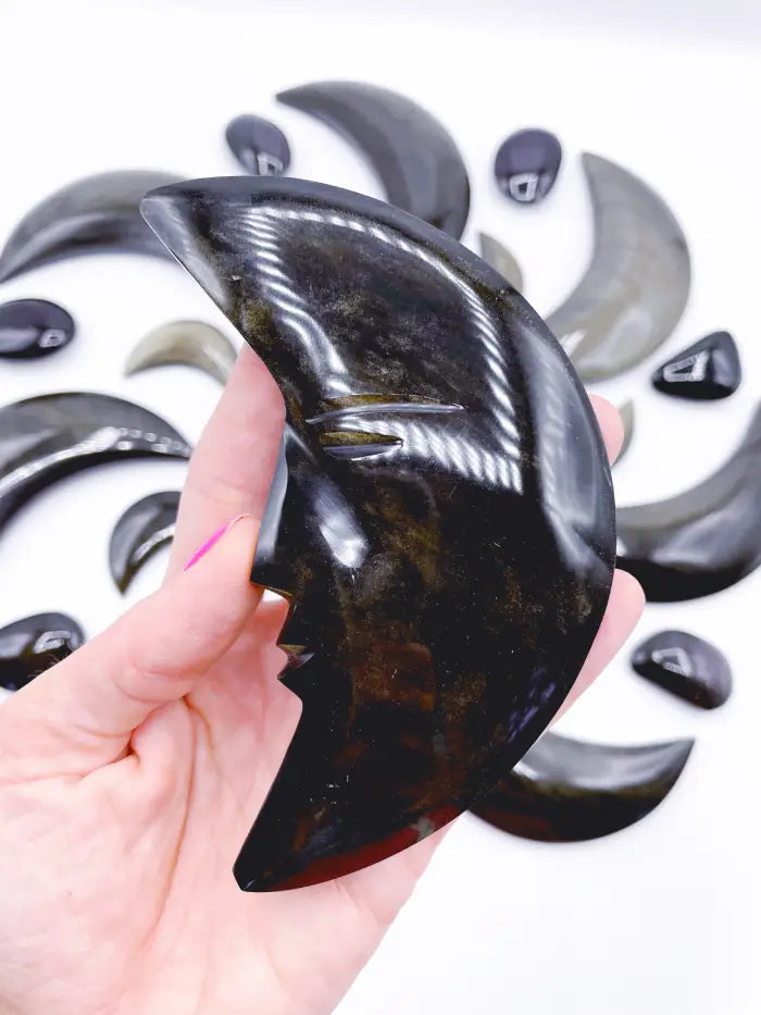 Gold Sheen Obsidian Moon w/ Carved Face
