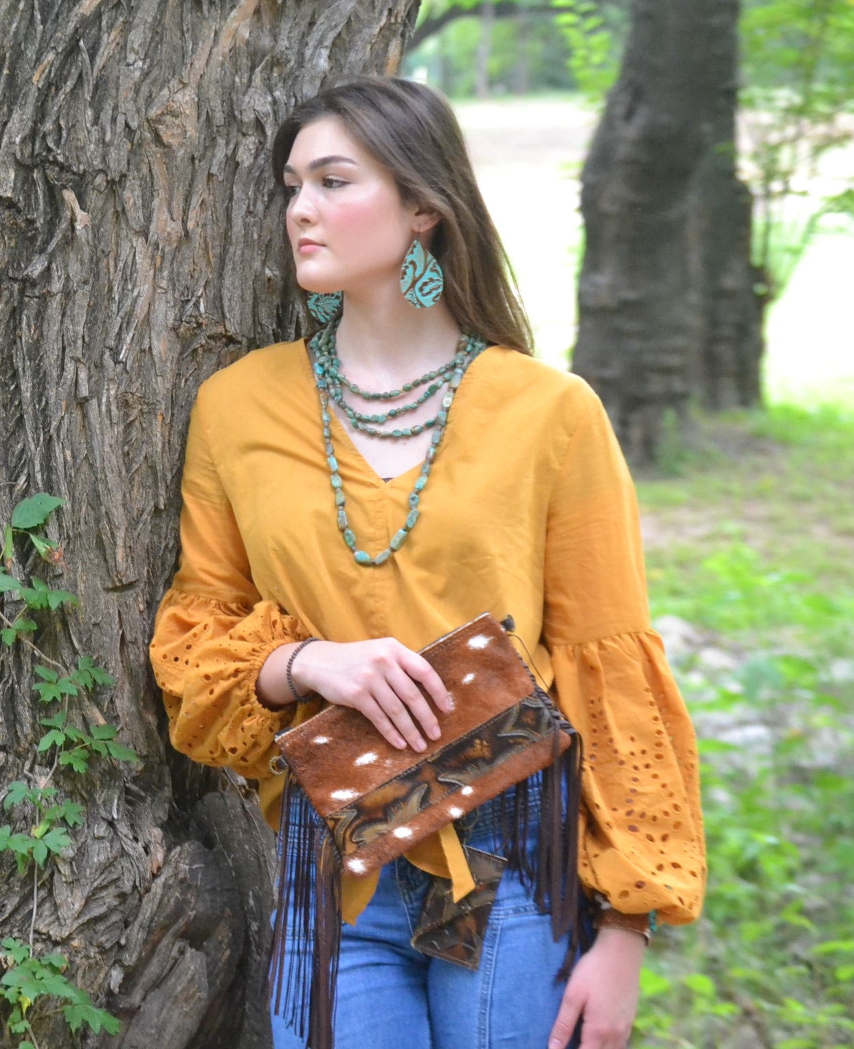 **Leather Teardrop Earrings in Cowboy Turquoise 203b