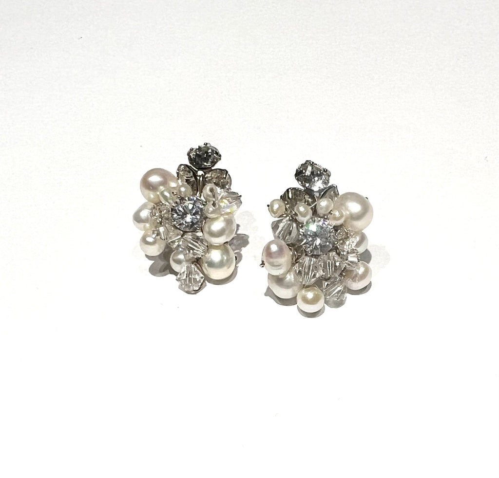 Shannon Pearl and Diamond Cluster Stud Earrings