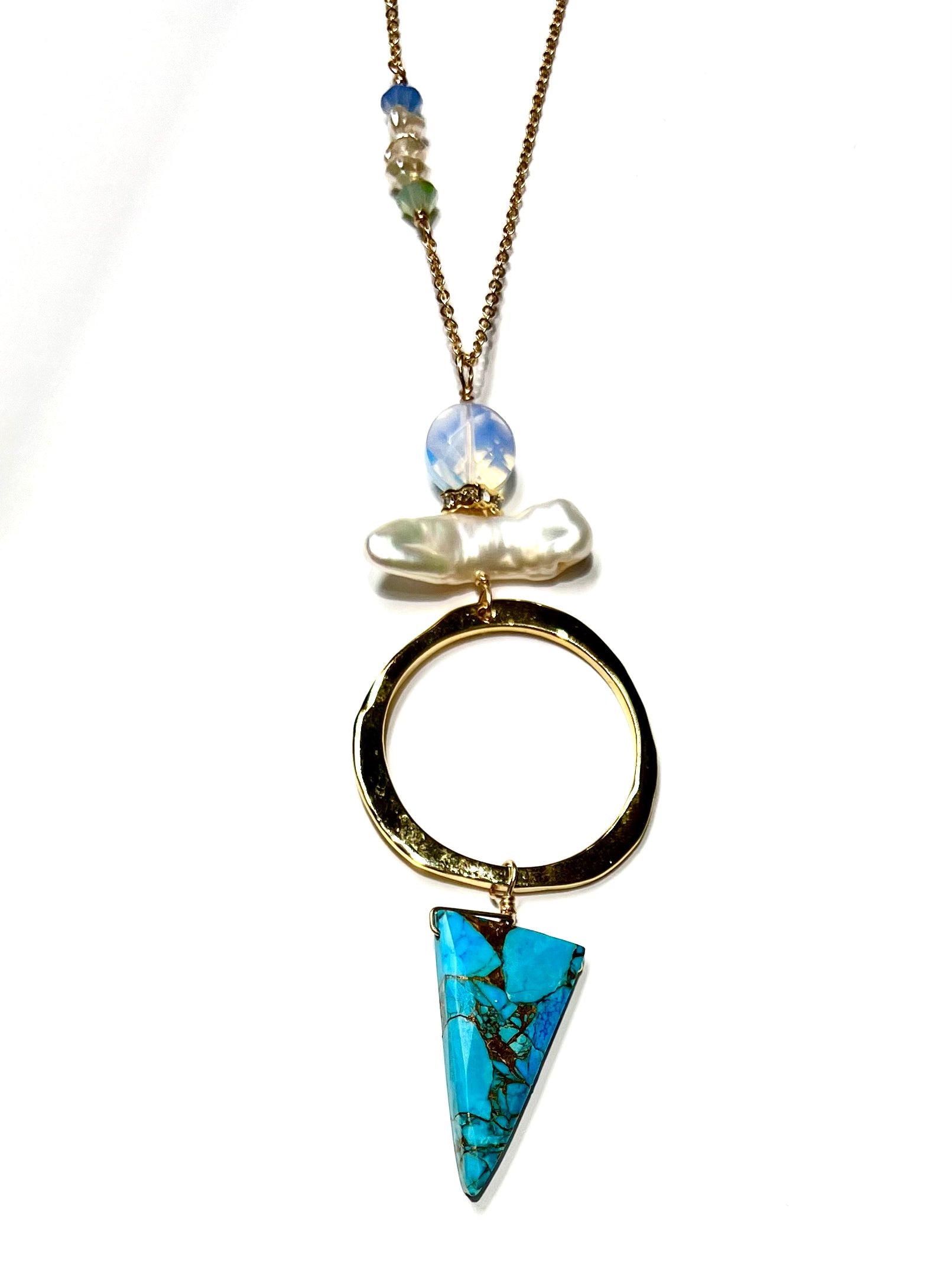 Long hoop Necklace with turquoise, opalite, pearl and Swarovski side detail