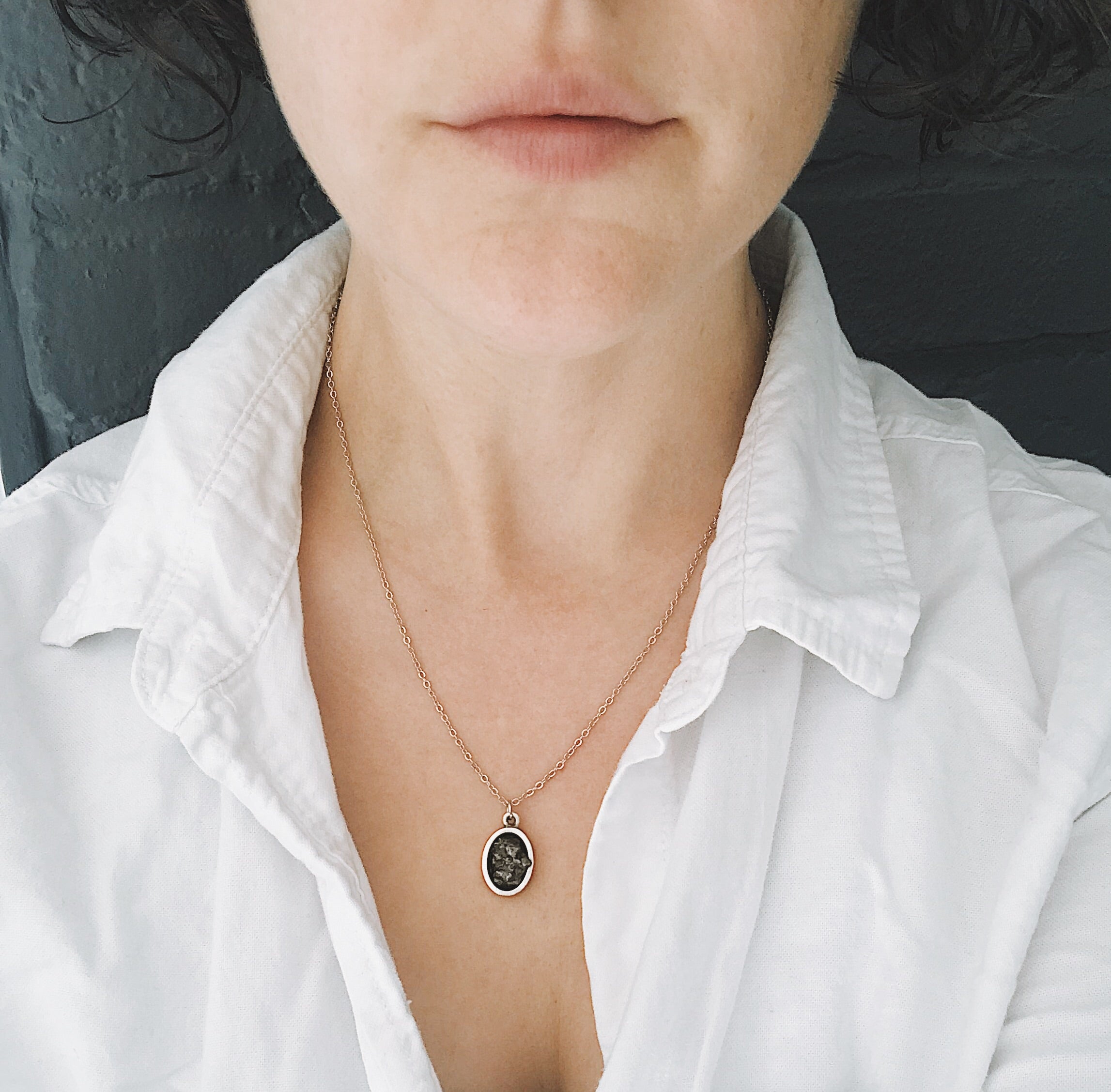 Oval Raw Meteorite Pendant Necklace in Matte Brushed Silver | Necklace | Wiccan Center