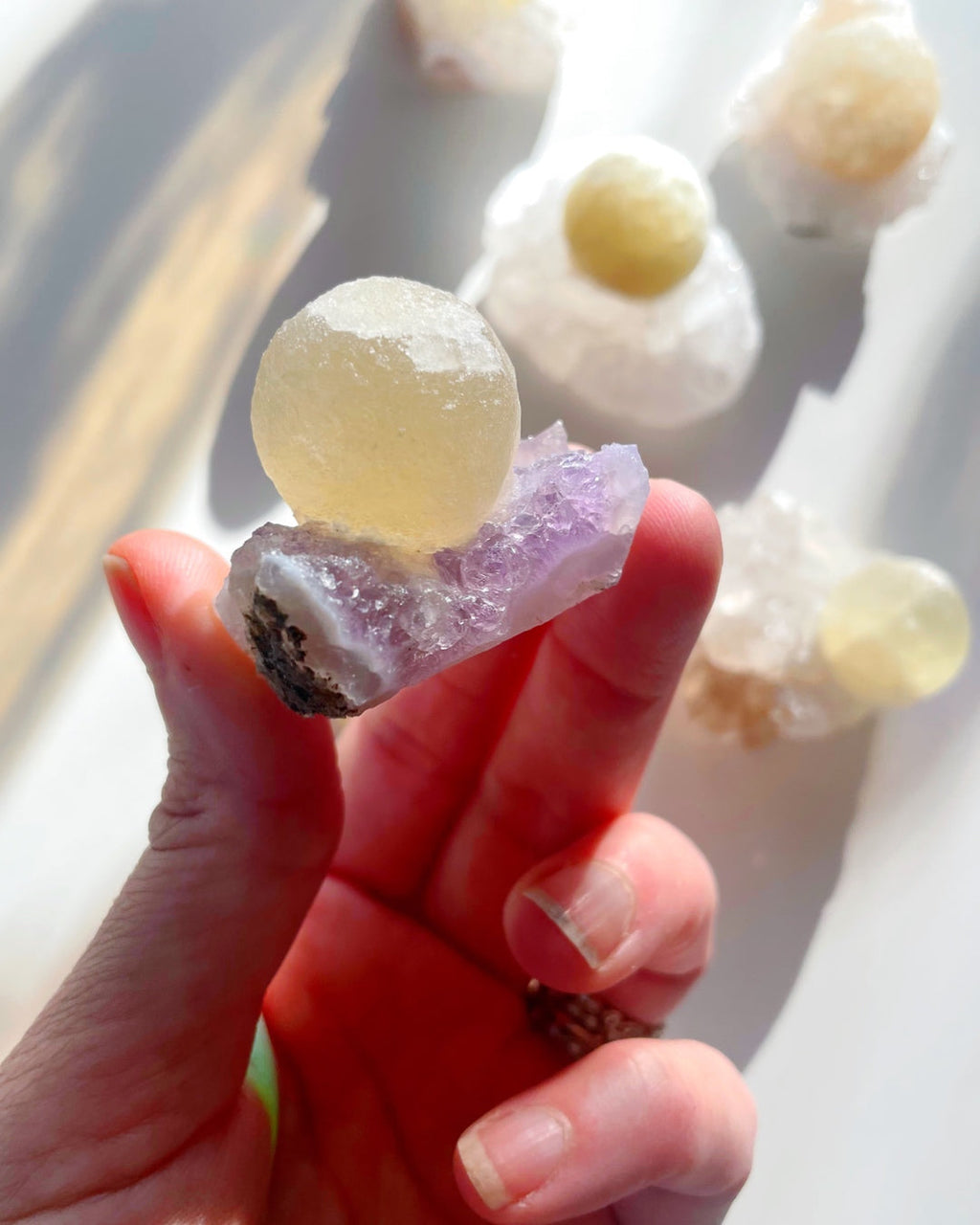 Rare Botryoidal Fluorite on Amethyst “Fried Egg”