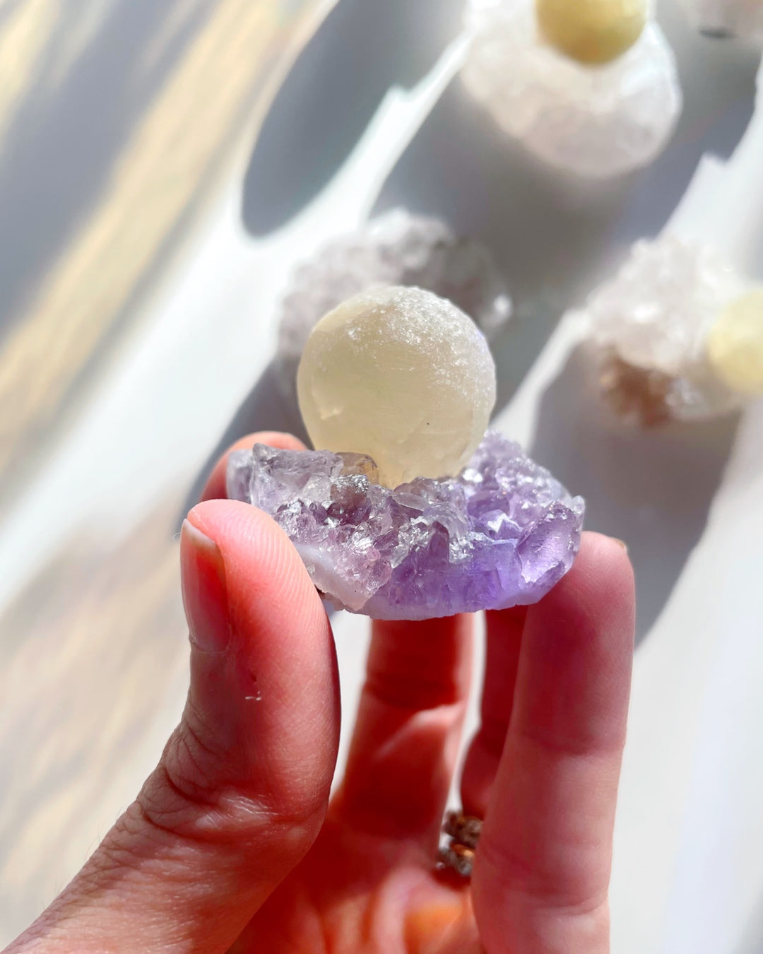 Rare Botryoidal Fluorite on Amethyst “Fried Egg”