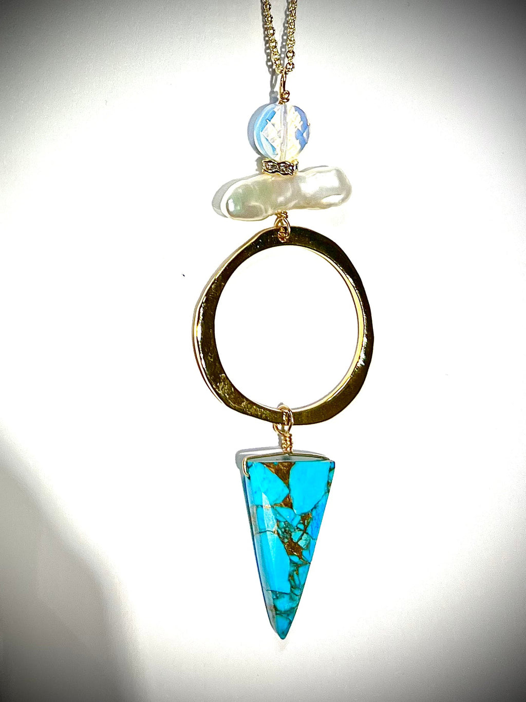 Long hoop Necklace with turquoise, opalite, pearl and Swarovski side detail