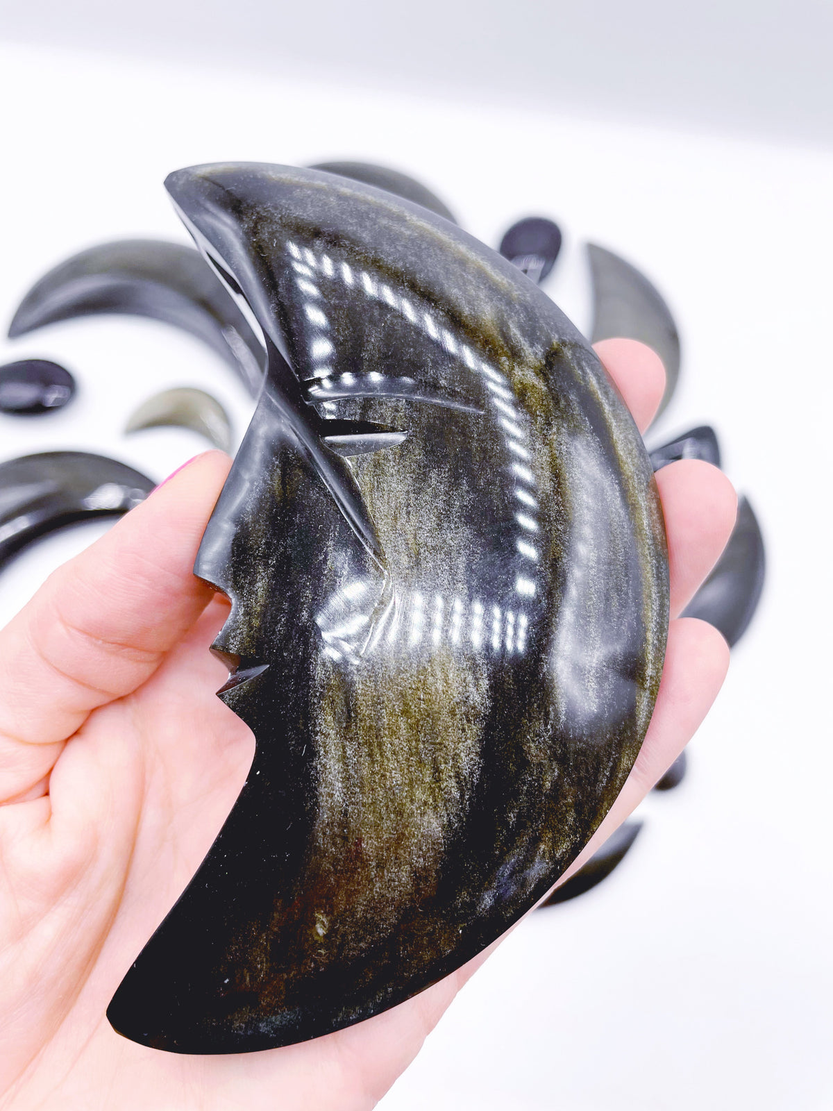 Gold Sheen Obsidian Moon w/ Carved Face