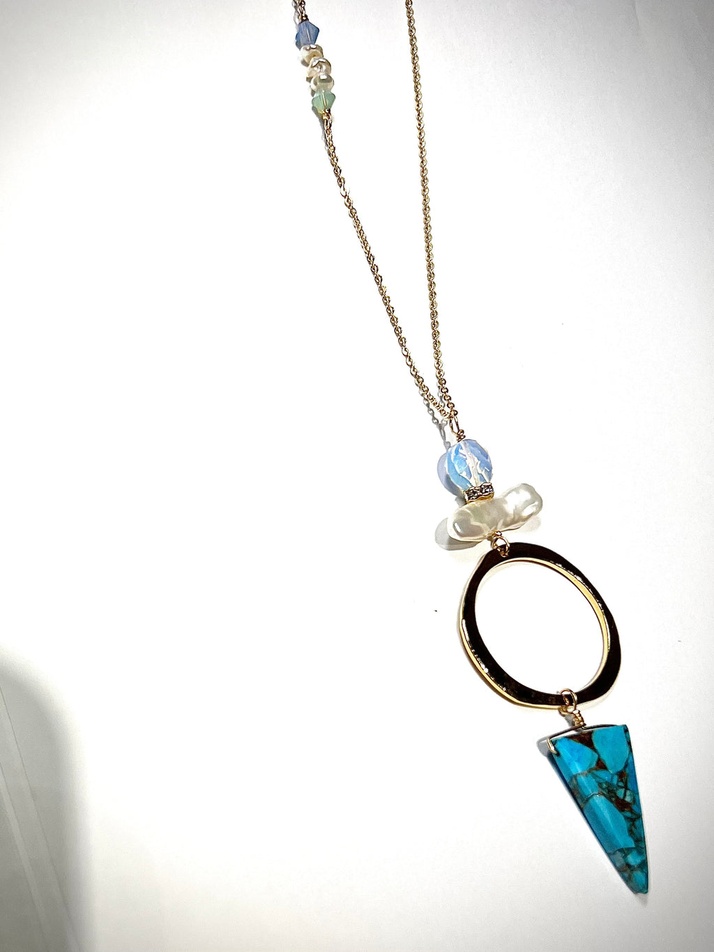 Long hoop Necklace with turquoise, opalite, pearl and Swarovski side detail