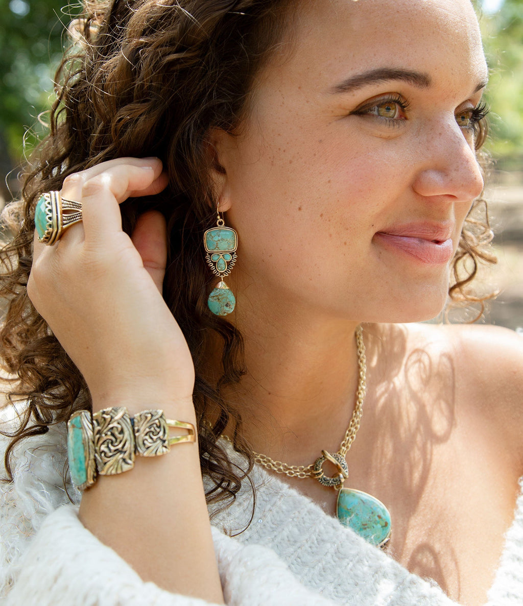Imara Blue Turquoise and Golden Statement Earrings | Earrings | Wiccan Center