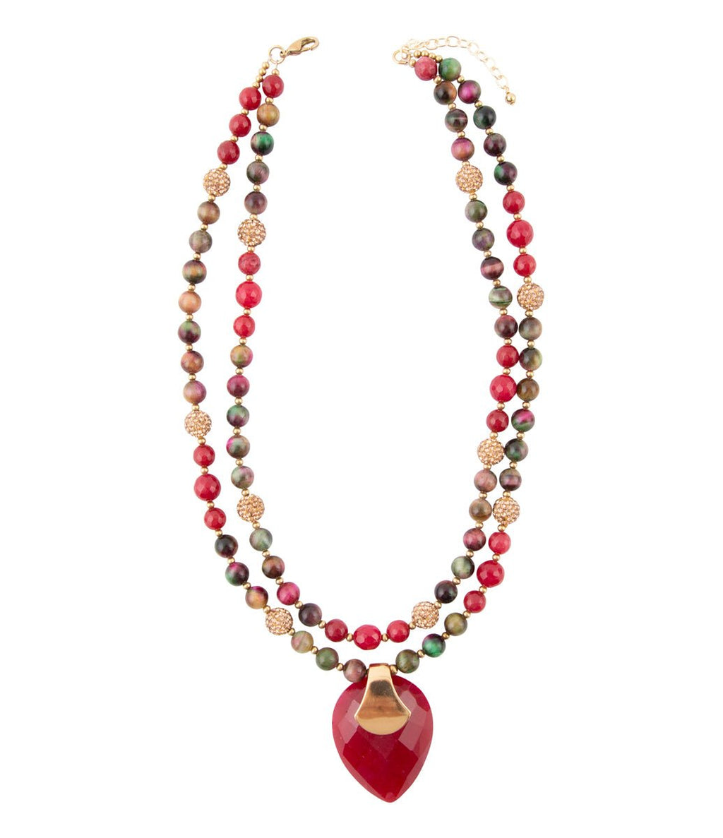 Jeweled Multi-Color Tiger's Eye and Rasberry Quartz Pendant Golden Necklace | Necklaces | Wiccan Center