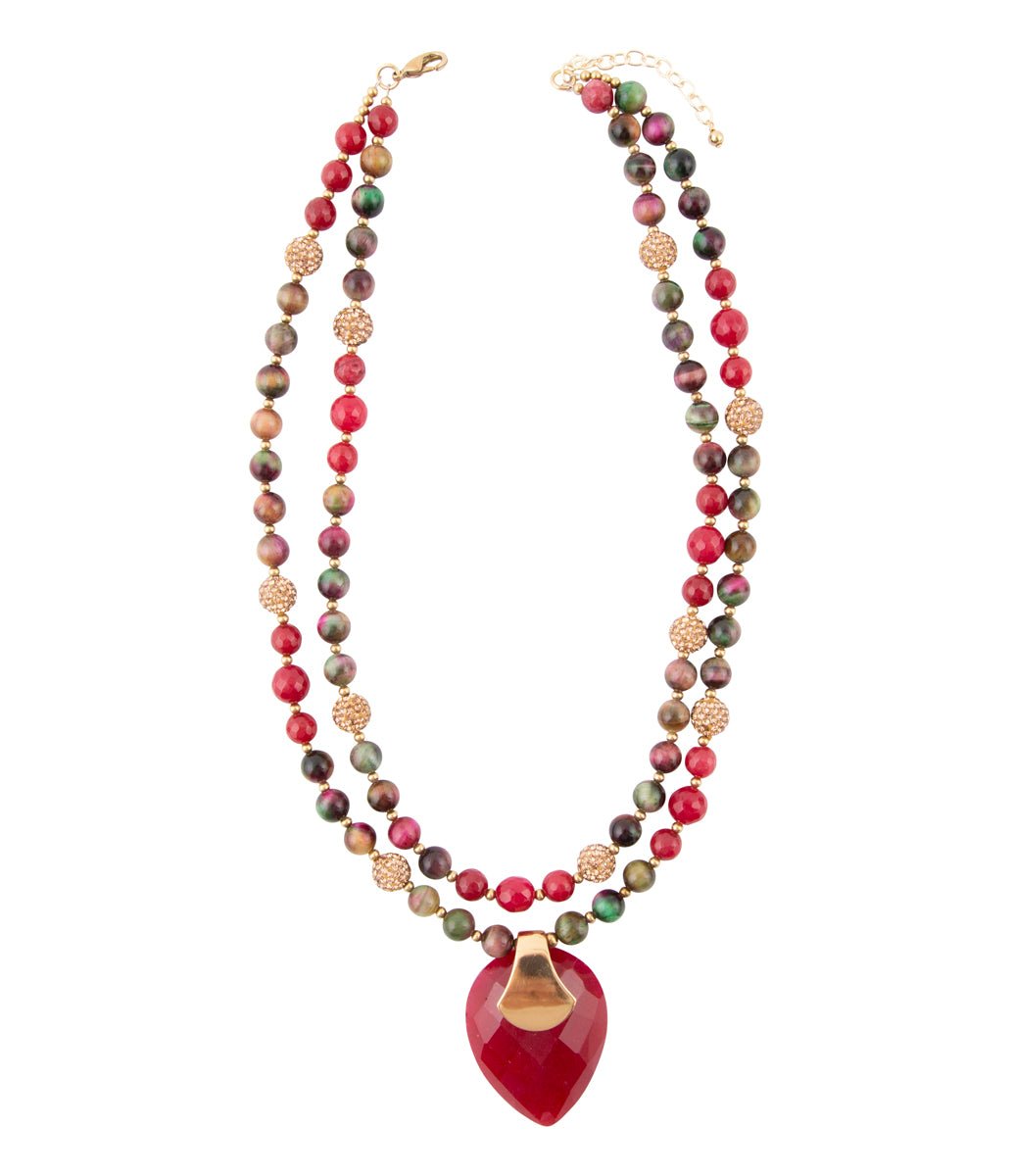 Jeweled Multi-Color Tiger's Eye and Rasberry Quartz Pendant Golden Necklace | Necklaces | Wiccan Center