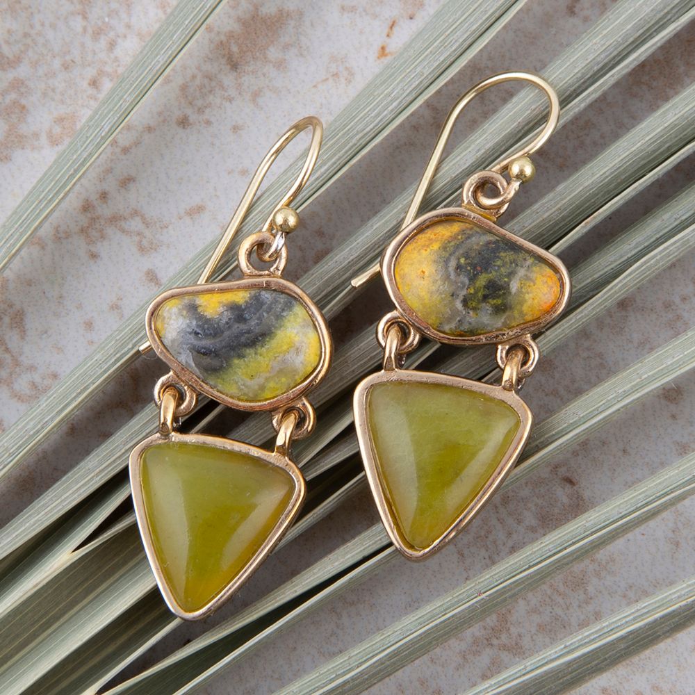 Hinged Yellow Bumblebee Jasper Golden Drop Earrings | Earrings | Wiccan Center
