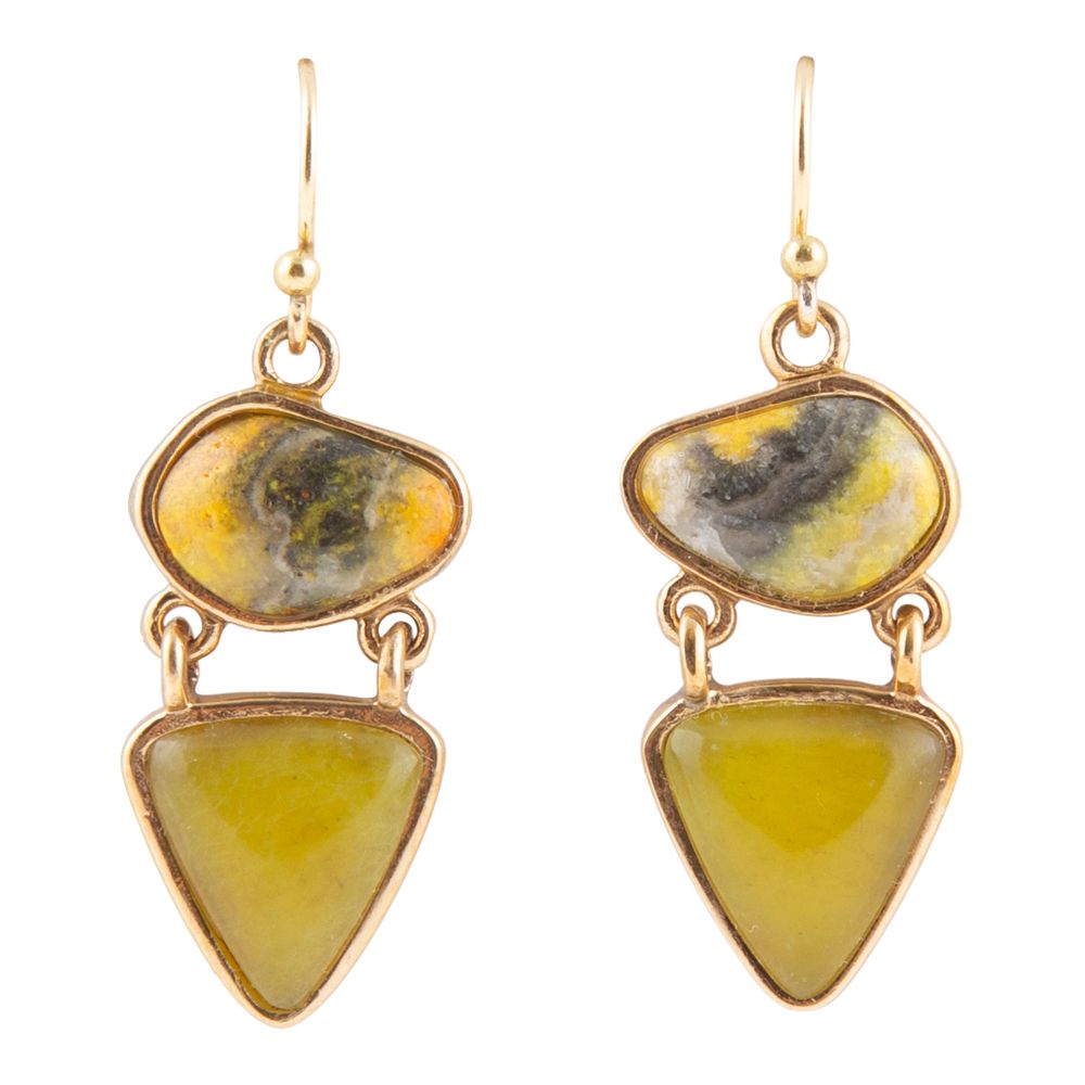 Hinged Yellow Bumblebee Jasper Golden Drop Earrings | Earrings | Wiccan Center