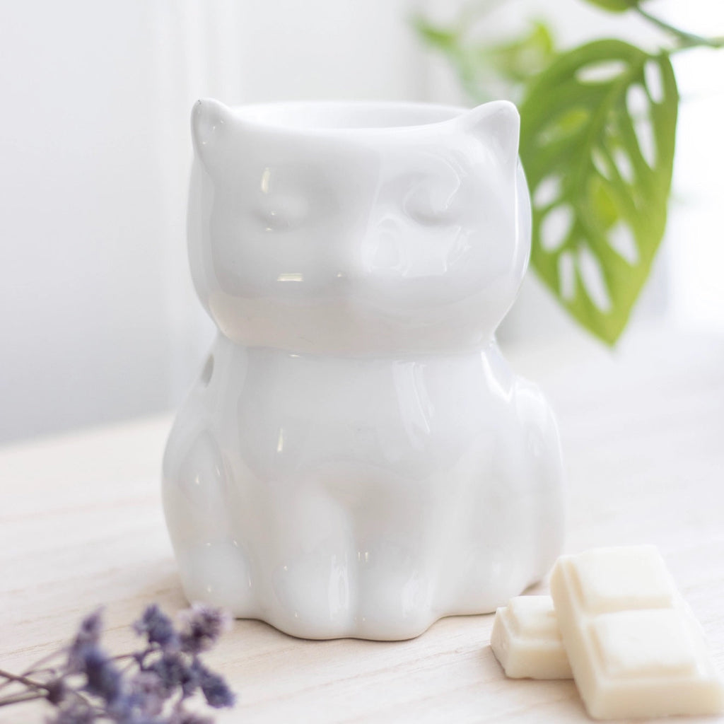 Shiny White Cat Oil Burner | Wax Melt Warmer | Wiccan Center