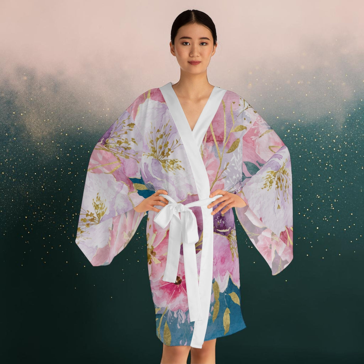 Long Sleeve Kimono Robe  - Pastel Roses