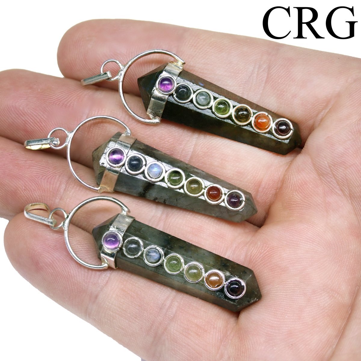 Labradorite Point Pendant with 7 Stone Detail and Silver Plating (1.5 Inches) (4 Pieces)