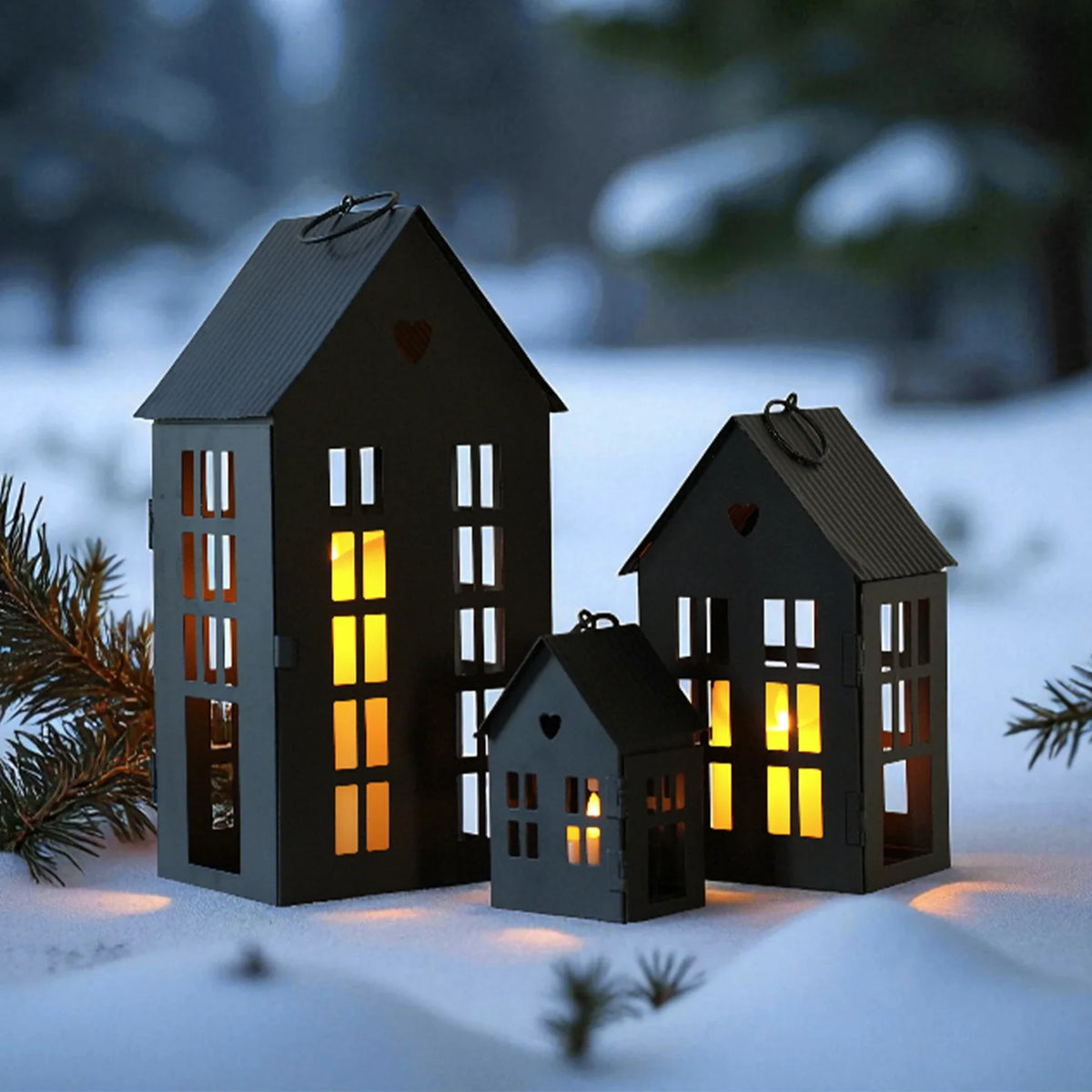 13.5"&9.5"&5.5"H Village Farmhouse House Candle Holders for Home Decor Patio Wedding | Decorative Candle Lantern | Wiccan Center