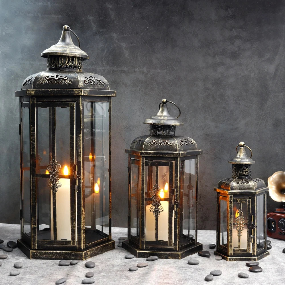 Set of 3-20.5''&14"&10"H Candle Lanterns(Black with Gold Brush) | Decorative Candle Lanterns | Wiccan Center