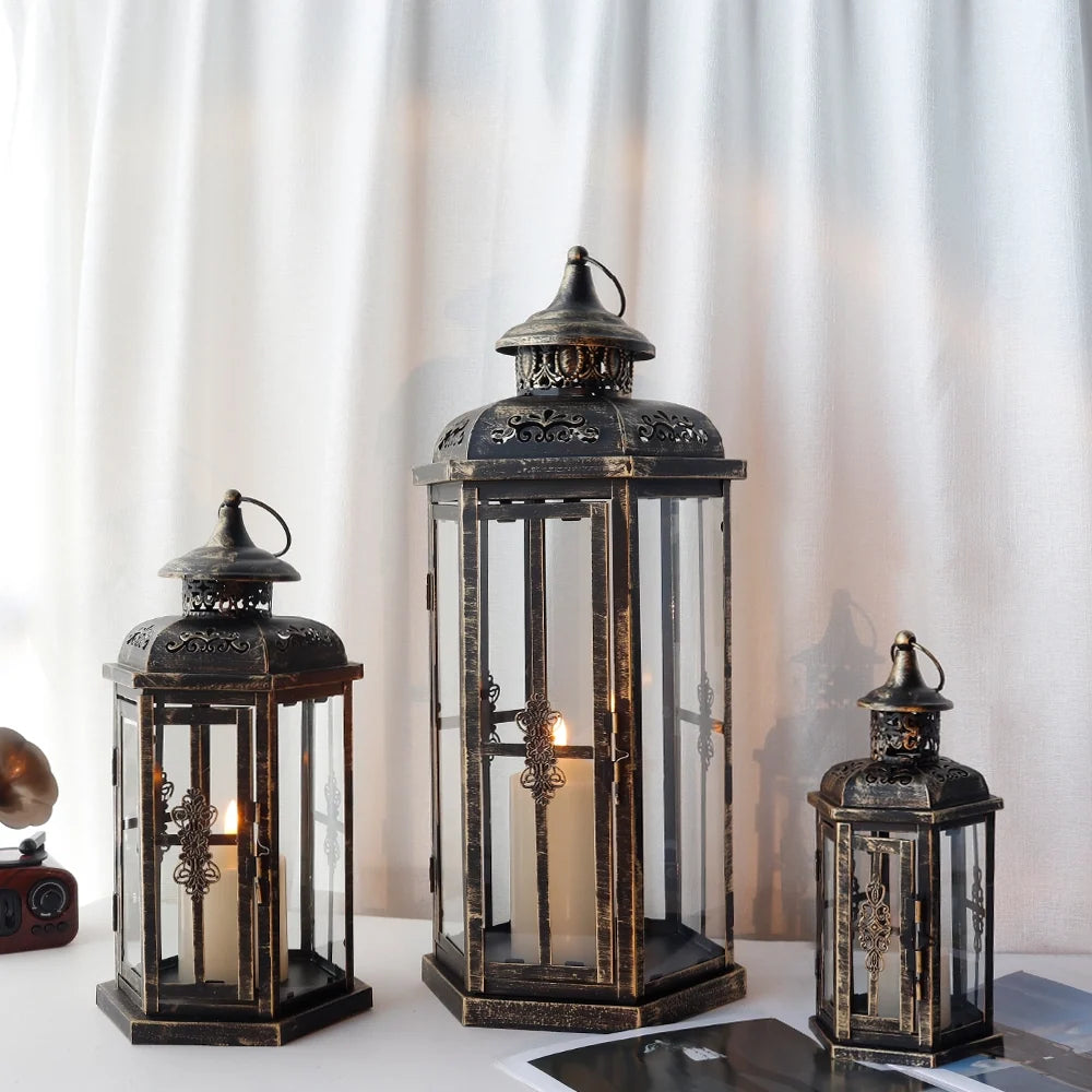 Set of 3-20.5''&14"&10"H Candle Lanterns(Black with Gold Brush) | Decorative Candle Lanterns | Wiccan Center