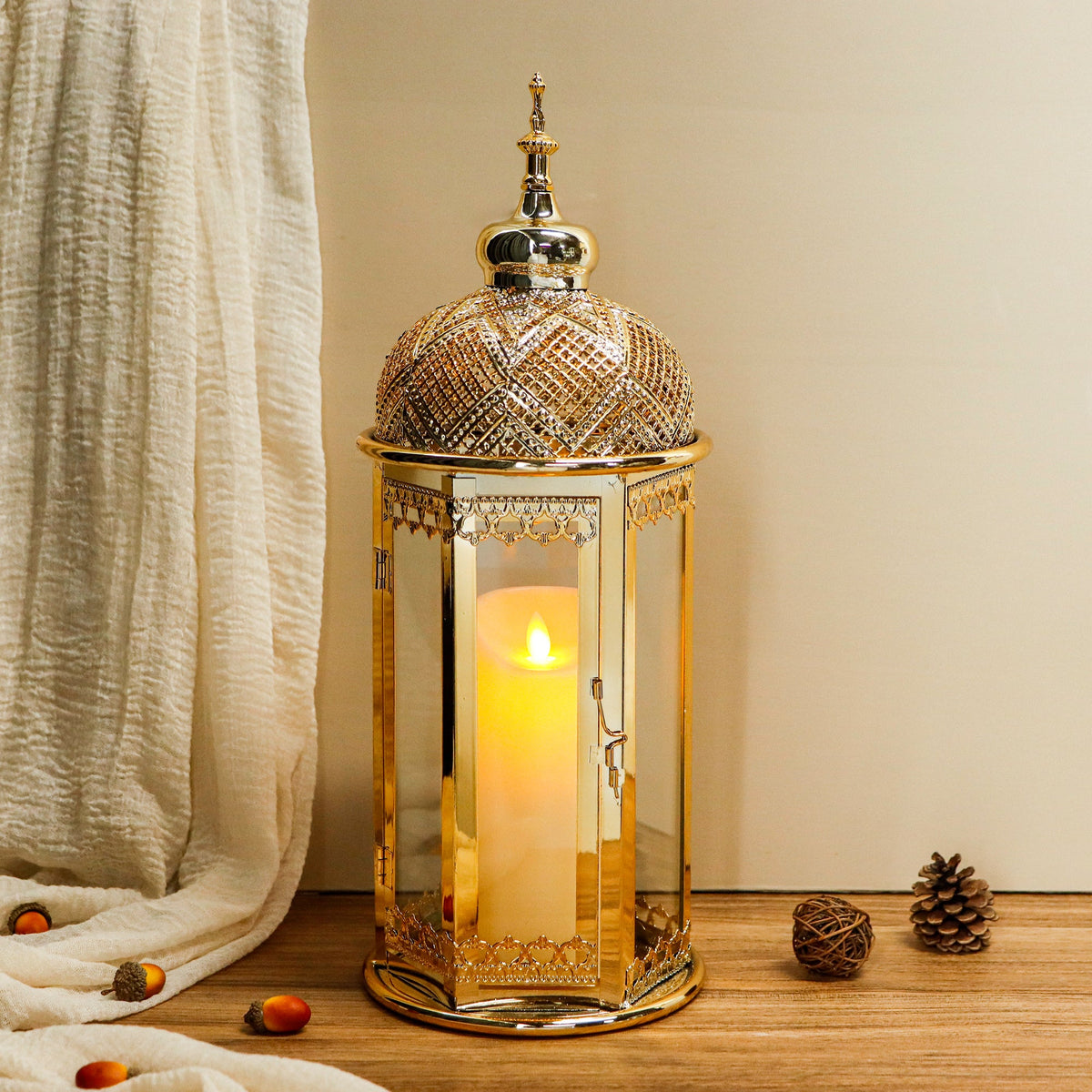 Moroccan Candle Lantern 17'' Gold Hexagonal Candle Holder | | Wiccan Center