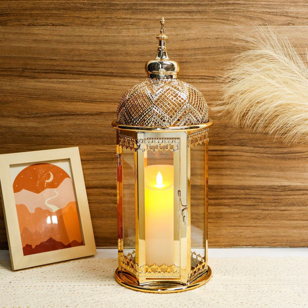 Moroccan Candle Lantern 17'' Gold Hexagonal Candle Holder | | Wiccan Center