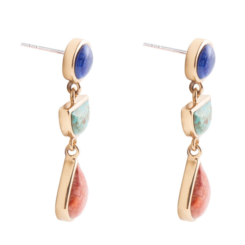 Blue Lapis Turquoise and Orange Sponge Coral Colorful Golden Drop Earrings | Earrings | Wiccan Center