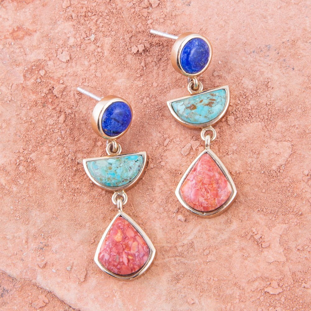 Blue Lapis Turquoise and Orange Sponge Coral Colorful Golden Drop Earrings | Earrings | Wiccan Center