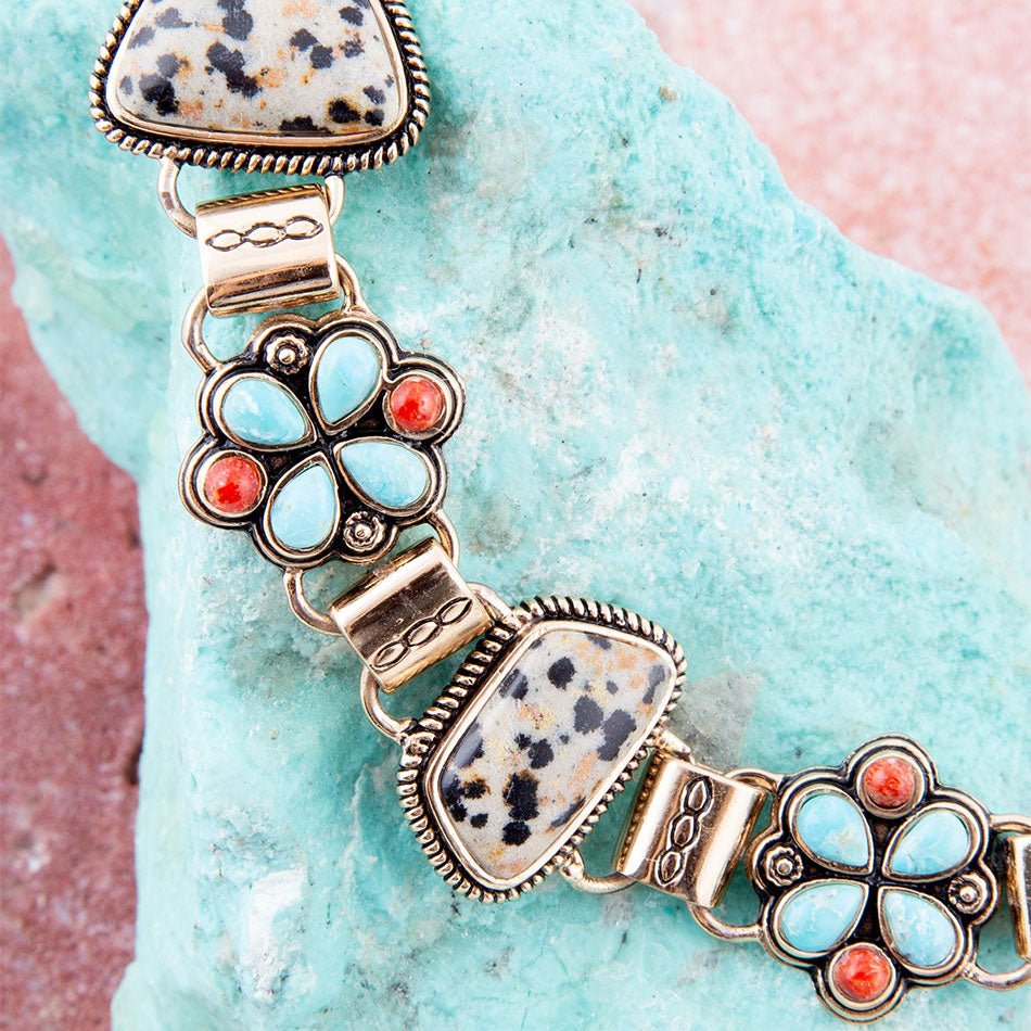 Legacy Blue Turquoise and Dalmatian Jasper Golden Bracelet | Bracelets | Wiccan Center