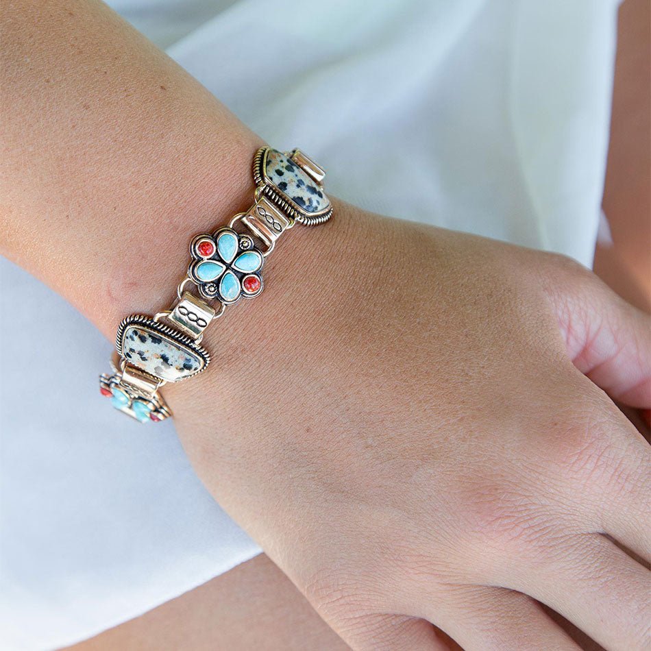 Legacy Blue Turquoise and Dalmatian Jasper Golden Bracelet | Bracelets | Wiccan Center