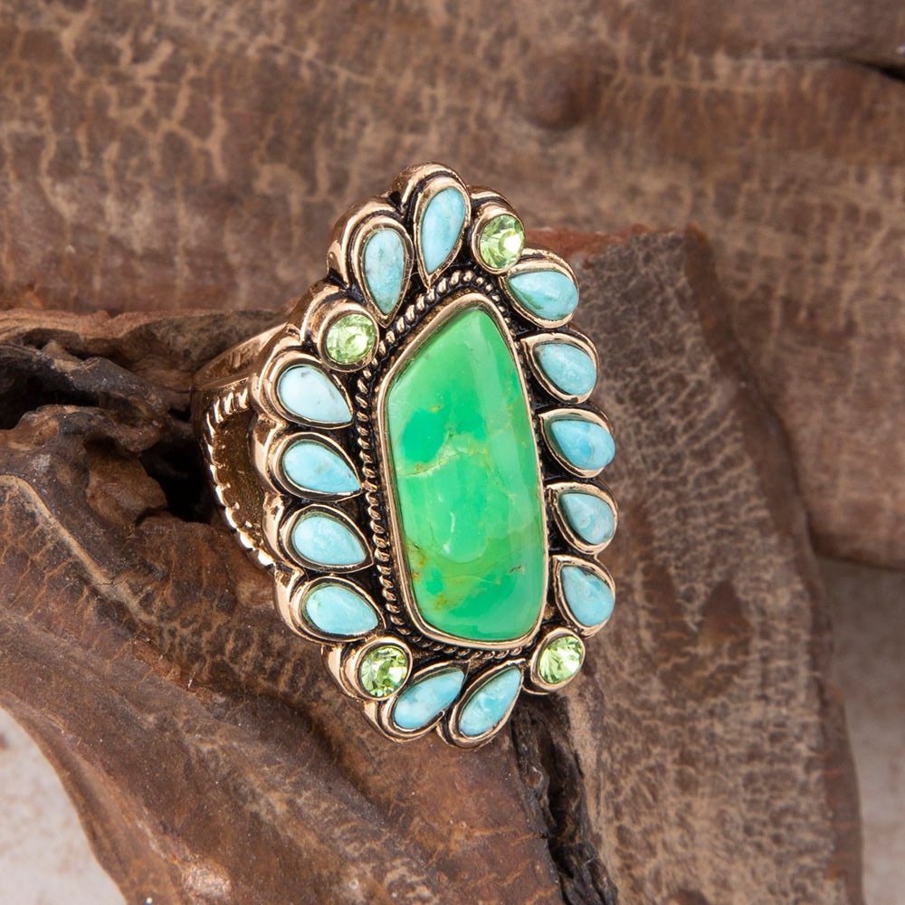 Legacy Lime Green and Blue Turquoise Golden Statement Ring | Rings | Wiccan Center