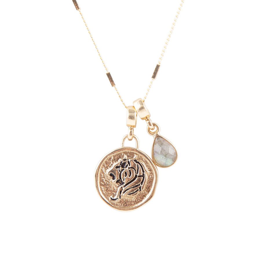 Leo - Zodiac Gray Labradorite Golden Charm Necklace | Necklaces | Wiccan Center