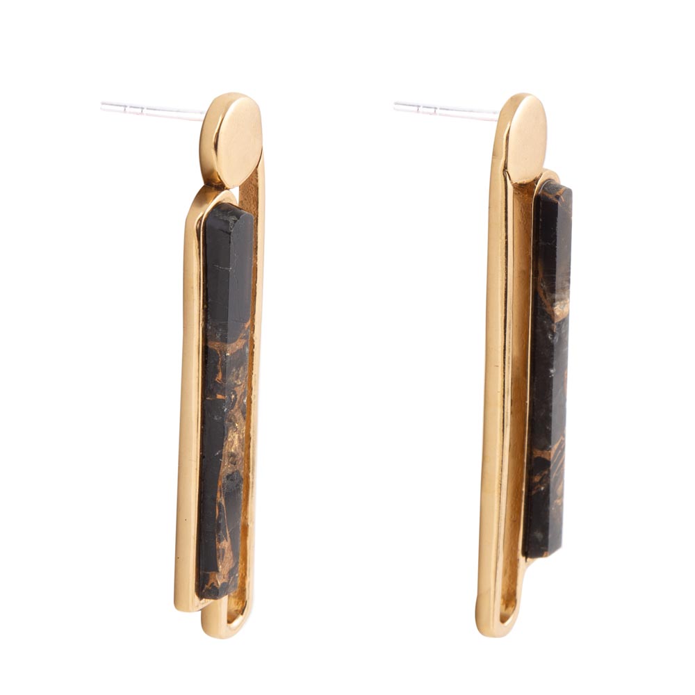 Linear Black and Gold Shungite Matrix and Golden Bronze Earrings | Earrings | Wiccan Center